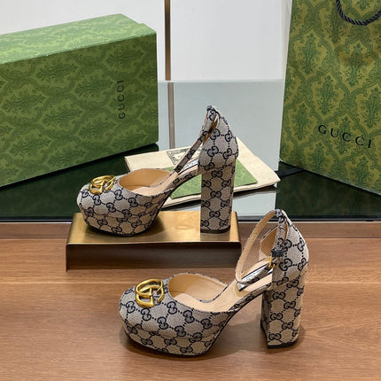 GG HIGH SANDAL 11.5 CM IN BLACK MIX BEIGE MONOGRAM JACQUARD FABRIC