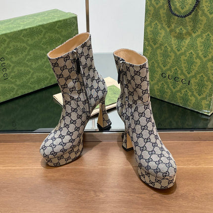 GG SHORT BOOTS 11.5 CM IN BLACK MIX BEIGE MONOGRAM JACQUARD FABRIC