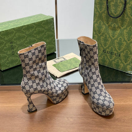 GG SHORT BOOTS 11.5 CM IN BLACK MIX BEIGE MONOGRAM JACQUARD FABRIC