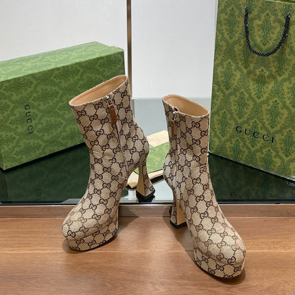 GG SHORT BOOTS 11.5 CM IN CAMEL BROWN MONOGRAM JACQUARD FABRIC