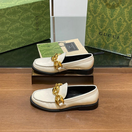 GG LOAFER SHOES IN WHITE CALFSKIN WITH GOLD HARDWARE