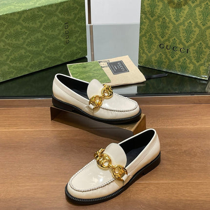 GG LOAFER SHOES IN WHITE CALFSKIN WITH GOLD HARDWARE
