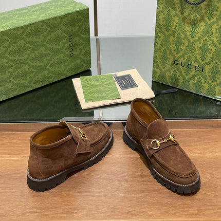 GG WOMEN'S HORSEBIT ANKLE BOOT IN DARK BROWN SUEDE