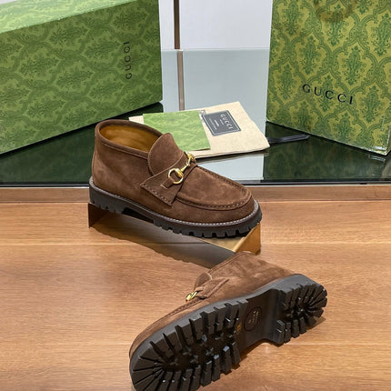 GG WOMEN'S HORSEBIT ANKLE BOOT IN DARK BROWN SUEDE