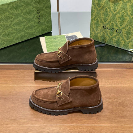 GG WOMEN'S HORSEBIT ANKLE BOOT IN DARK BROWN SUEDE