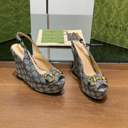 GG WEDGE PLATFORM IN STEEL GREY MONOGRAM JACQUARD FABRIC