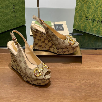 GG WEDGE PLATFORM IN CAMEL BROWN MONOGRAM JACQUARD FABRIC