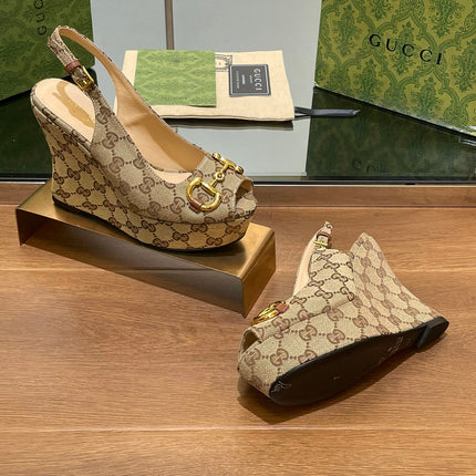 GG WEDGE PLATFORM IN CAMEL BROWN MONOGRAM JACQUARD FABRIC