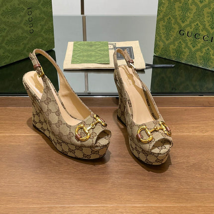 GG WEDGE PLATFORM IN CAMEL BROWN MONOGRAM JACQUARD FABRIC