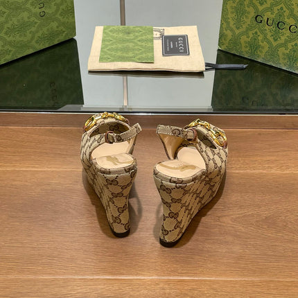 GG WEDGE PLATFORM IN CAMEL BROWN MONOGRAM JACQUARD FABRIC