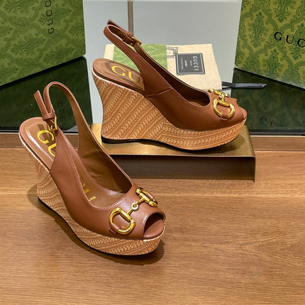 GG WEDGE PLATFORM IN CHOCOLATE BROWN CALFSKIN WITH GOLD HARDWARE