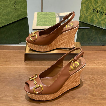 GG WEDGE PLATFORM IN CHOCOLATE BROWN CALFSKIN WITH GOLD HARDWARE