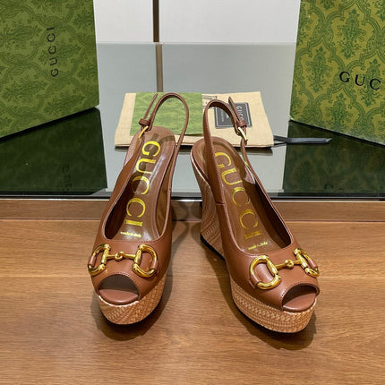 GG WEDGE PLATFORM IN CHOCOLATE BROWN CALFSKIN WITH GOLD HARDWARE