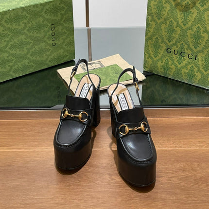 GG WOMEN'S HORSEBIT PLATFORM LOAFER SLINGBACK IN BLACK CALFSKIN