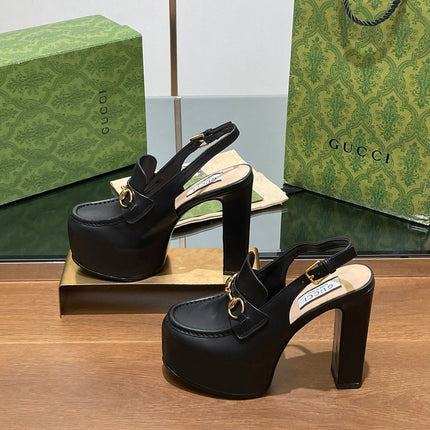 GG WOMEN'S HORSEBIT PLATFORM LOAFER SLINGBACK IN BLACK CALFSKIN