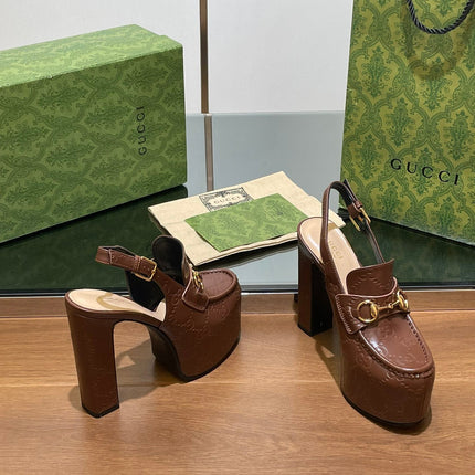 GG WOMEN'S HORSEBIT PLATFORM LOAFER SLINGBACK IN DARK BROWN EMBOSSED CALFSKIN