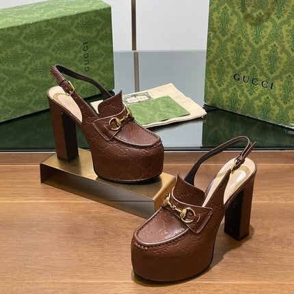 GG WOMEN'S HORSEBIT PLATFORM LOAFER SLINGBACK IN DARK BROWN EMBOSSED CALFSKIN