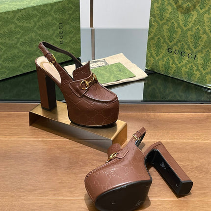 GG WOMEN'S HORSEBIT PLATFORM LOAFER SLINGBACK IN DARK BROWN EMBOSSED CALFSKIN