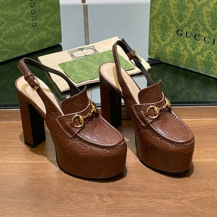 GG WOMEN'S HORSEBIT PLATFORM LOAFER SLINGBACK IN DARK BROWN EMBOSSED CALFSKIN