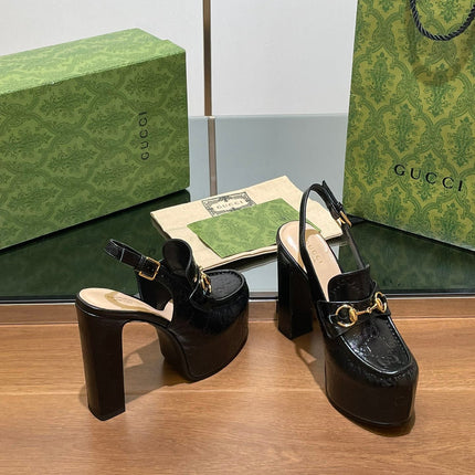 GG WOMEN'S HORSEBIT PLATFORM LOAFER SLINGBACK IN BLACK EMBOSSED CALFSKIN