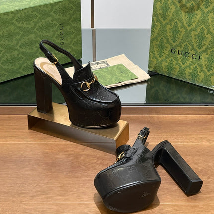 GG WOMEN'S HORSEBIT PLATFORM LOAFER SLINGBACK IN BLACK EMBOSSED CALFSKIN