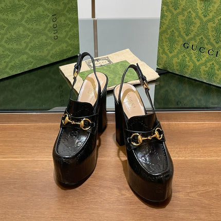 GG WOMEN'S HORSEBIT PLATFORM LOAFER SLINGBACK IN BLACK EMBOSSED CALFSKIN