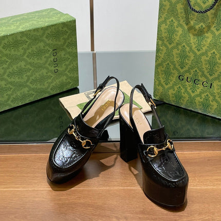 GG WOMEN'S HORSEBIT PLATFORM LOAFER SLINGBACK IN BLACK EMBOSSED CALFSKIN