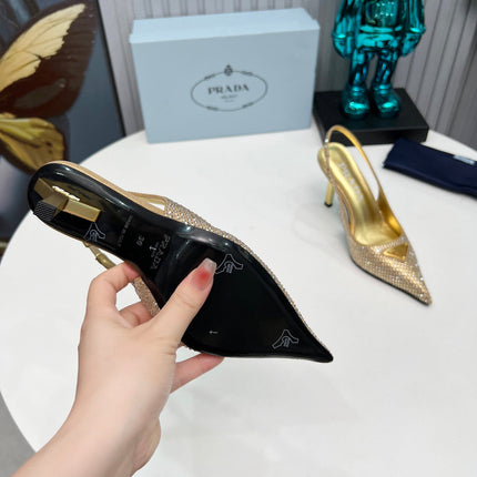 CRYSTAL SATIN HIGH-HEEL SLING BACK PUMPS GOLD