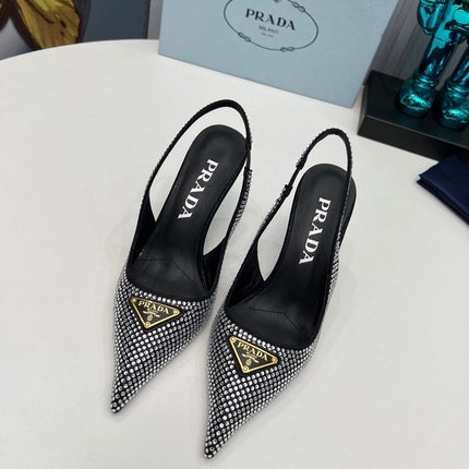 HIGH-HEEL SLING BACK PUMPS IN BLACK SATIN WITH WHITE CRYSTALS