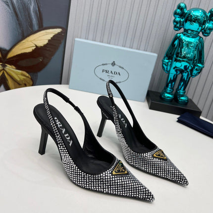 HIGH-HEEL SLING BACK PUMPS IN BLACK SATIN WITH WHITE CRYSTALS