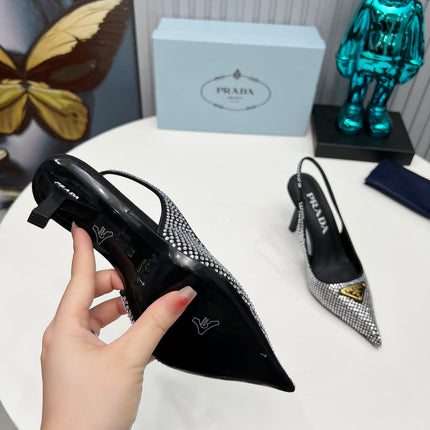 HIGH-HEEL SLING BACK PUMPS IN BLACK SATIN WITH WHITE CRYSTALS