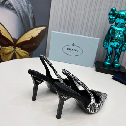 HIGH-HEEL SLING BACK PUMPS IN BLACK SATIN WITH WHITE CRYSTALS