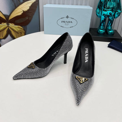 TRIANGLE LOGO HIGH-HEEL PUMPS IN BLACK SATIN WITH WHITE CRYSTALS