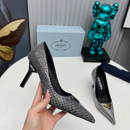 TRIANGLE LOGO HIGH-HEEL PUMPS IN BLACK SATIN WITH WHITE CRYSTALS