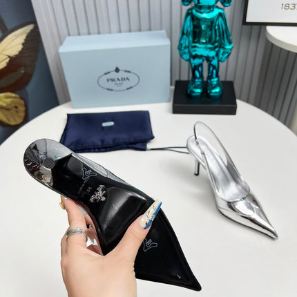 HIGH SLING BACK PUMPS IN SILVER GLOSSY CALFSKIN