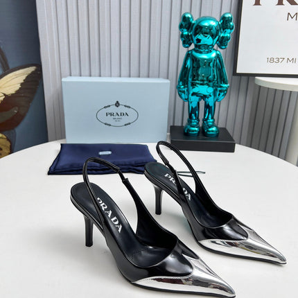 HIGH SLING BACK PUMPS IN SILVER MIX BLACK GLOSSY CALFSKIN