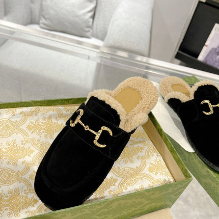 HORSEBIT MULE IN BLACK SUEDE AND FLEECE LINING