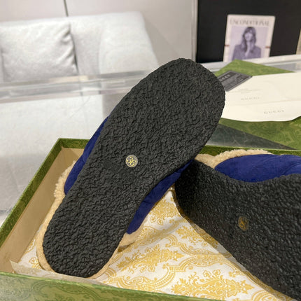 HORSEBIT MULE IN ROYAL BLUE SUEDE AND FLEECE LINING