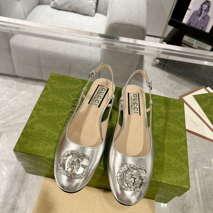 METALIC SLINGBACK FLATS IN SILVER CALFSKIN