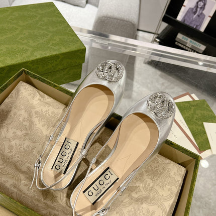 METALIC SLINGBACK FLATS IN SILVER CALFSKIN