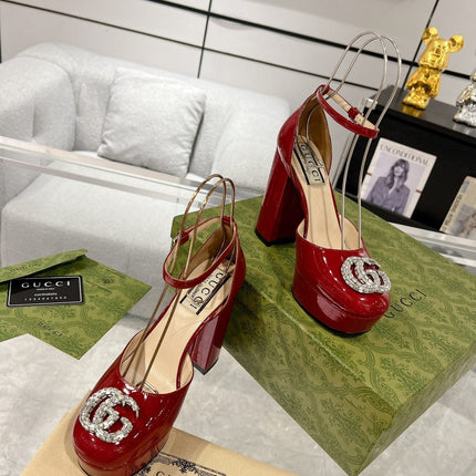 GG CRYSTALS PLATFORM PUMPS SCARLET CALFSKIN