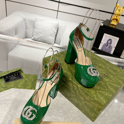 GG CRYSTALS PLATFORM PUMPS JADE GREEN CALFSKIN