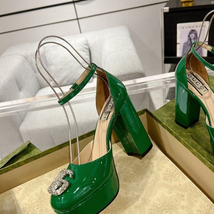 GG CRYSTALS PLATFORM PUMPS JADE GREEN CALFSKIN