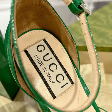 GG CRYSTALS PLATFORM PUMPS JADE GREEN CALFSKIN