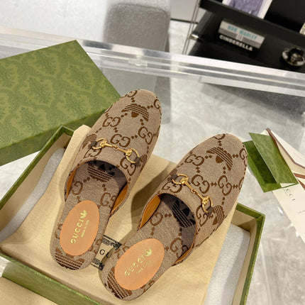 GG & ADIDAS MULE HORSEBIT BUCKLE LIGHT BROWN CANVAS