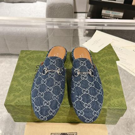 MEN'S MULE WITH HORSEBIT IN DENIM BLUE MONOGRAM JACQUARD FABRIC