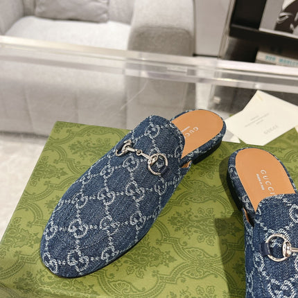 MEN'S MULE WITH HORSEBIT IN DENIM BLUE MONOGRAM JACQUARD FABRIC