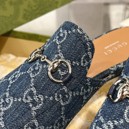 MEN'S MULE WITH HORSEBIT IN DENIM BLUE MONOGRAM JACQUARD FABRIC