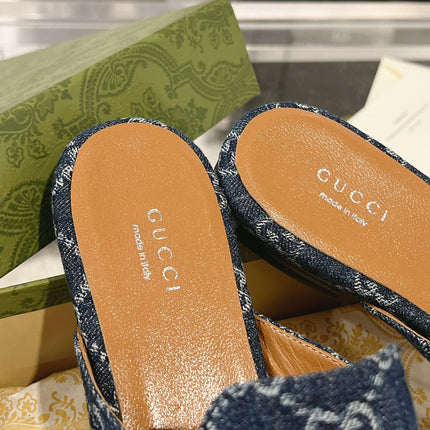 MEN'S MULE WITH HORSEBIT IN DENIM BLUE MONOGRAM JACQUARD FABRIC