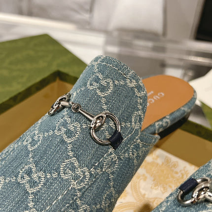 MEN'S MULE WITH HORSEBIT IN SAPHIRE BLUE MONOGRAM JACQUARD FABRIC